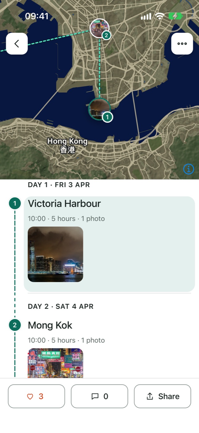 A trip to Hong Kong: the route drawn on the map with photographs pinned to it, then day one at Victoria Harbour and day two in Mong Kok.
