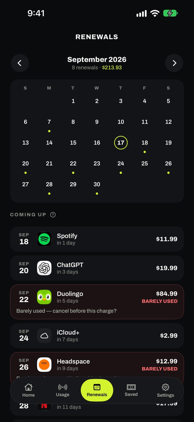 Renewals: a September calendar of 8 renewals totalling $213.93, with Duolingo flagged as barely used before its next charge.