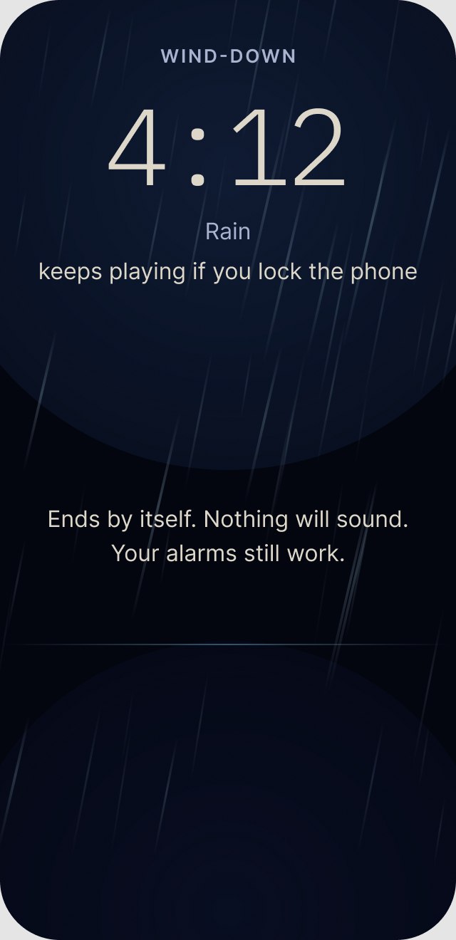The wind-down timer at 4 minutes 12 seconds, rain falling behind the numerals. It ends by itself, nothing will sound, alarms still work.